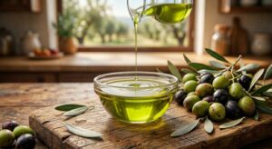 Bottiglia di olio extravergine di oliva umbro con uliveto sullo sfondo