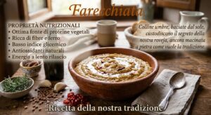 Una foto rustica e invitante di una ciotola di terracotta piena di Farecchiata (polenta di roveja) su un tavolo di legno. Testo sovrapposto in alto: "Farecchiata". Testo a sinistra (Proprietà Nutrizionali): Ottima fonte di proteine vegetali, Ricca di fibre e ferro, Basso indice glicemico, Antiossidanti naturali, Energia a lento rilascio. Testo a destra: Colline umbre, baciate dal sole, custodiscono il segreto della nostra roveja, ancora macinata a pietra come vuole la tradizione. Testo in basso: Ricetta della nostra tradizione.