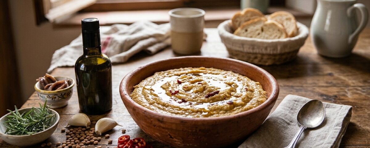 Farecchiata di roveja tradizionale umbra in una ciotola di terracotta con soffritto di olio extravergine d'oliva, aglio, peperoncino e alici
