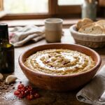 Farecchiata di roveja tradizionale umbra in una ciotola di terracotta con soffritto di olio extravergine d'oliva, aglio, peperoncino e alici