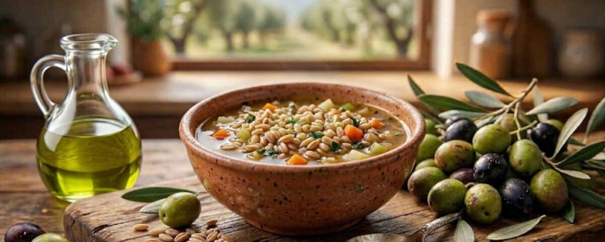 Zuppa rustica di farro e orzo mondo in ciotola di terracotta con filo di olio extravergine d'oliva a crudo, ampollina e ramo di olive.