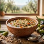 Zuppa rustica di farro e orzo mondo in ciotola di terracotta con filo di olio extravergine d'oliva a crudo, ampollina e ramo di olive.
